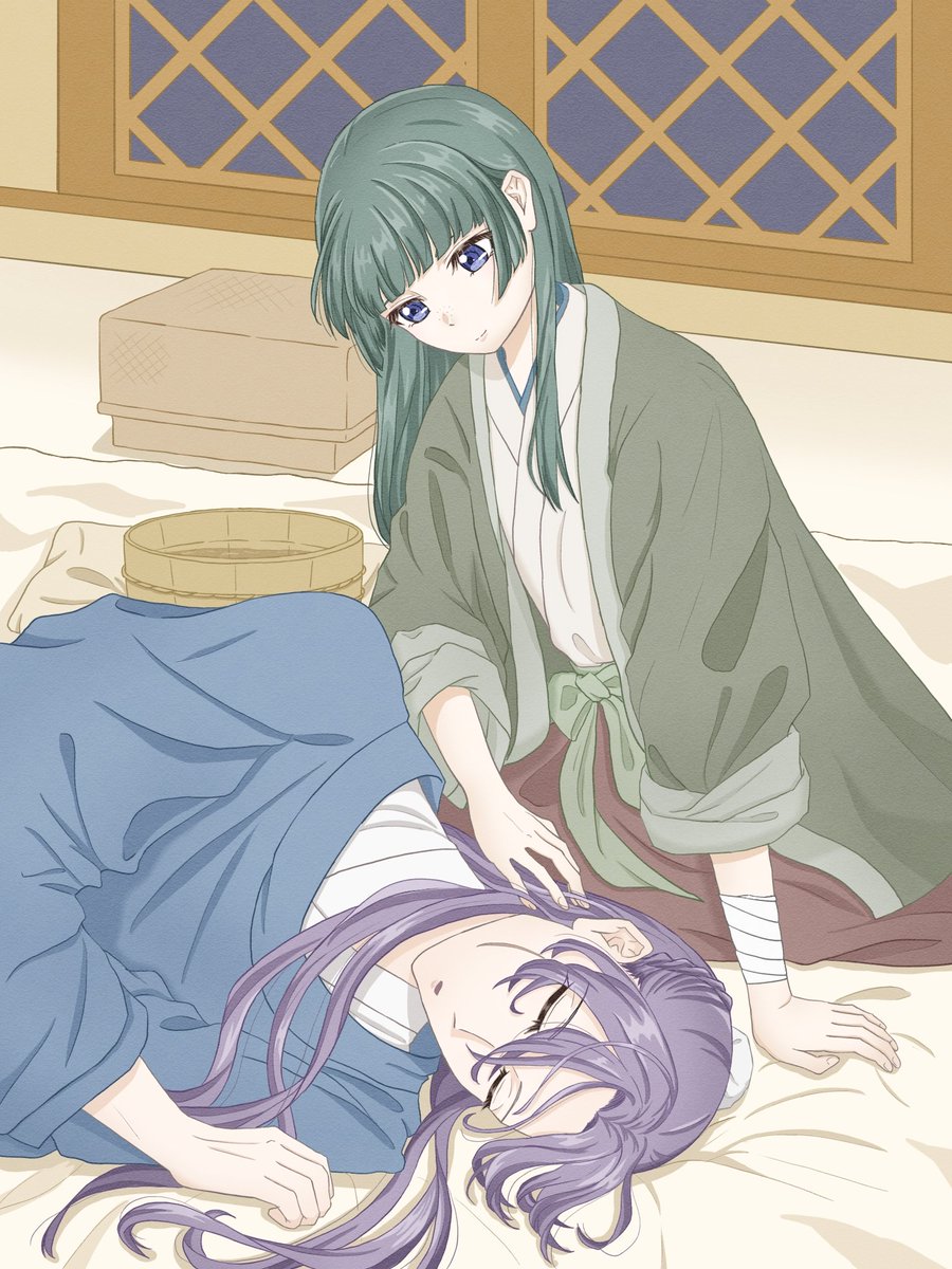 紙の村は大好きなお話で、この場面も大好き。寝台に横になった天女体質の貴人の髪を丁寧に撫でるんですよ、撫でる必要ある？あるよね！！ありがとう😭このあとのじゃれ合いシーンもいつか描きたい。
#薬屋FA #壬猫
