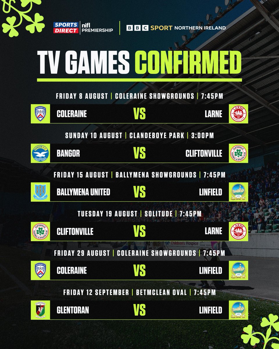 OfficialNIFL's tweet image. ℹ️ The 2025/26 Sports Direct Premiership season kicks off with six live games on @BBCSPORTNI this August & September!
📆 Plus, 6 fixtures have been rescheduled – check the updated dates 👇
🔗 nifootballleague.com/news/2025/july…