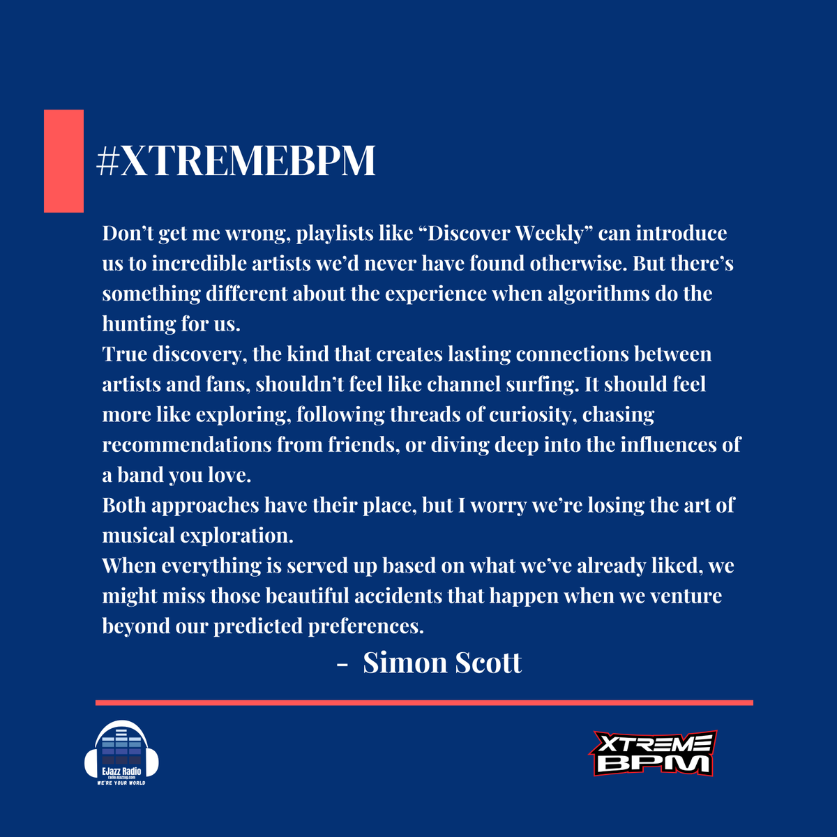 ejazzradio's tweet photo. Simon Scott explores how discovering new music sparks deeper fan commitment  revealing the powerful link between first listens and lifelong loyalty. 💫

 #MusicDiscovery #FanEngagement #SimonScott https://t.co/TxNS50FvCK