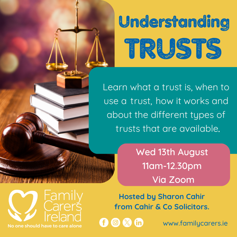 CarersIreland's tweet image. Sharon Cahir from Cahir & Co Solicitors is with us on Wednesday 13th August at 11am for a webinar on trusts. This session will be recorded and shared with all those who register, so register today at eventbrite.ie/e/150483798391…