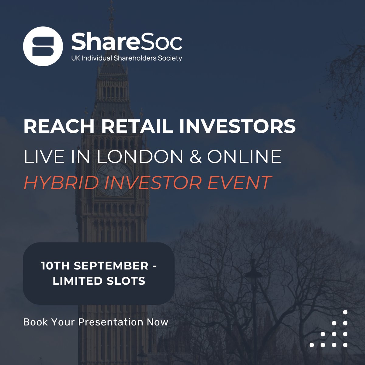 🎯 Listed companies - ready to elevate your retail investor strategy?

Present live in London this 10 Sept at a high-impact hybrid event for proactive shareholder engagement.

🎥 In person + online
📈 Reach thousands
🔍 Increase visibility &amp; trust
🔒 Limited availability - secure