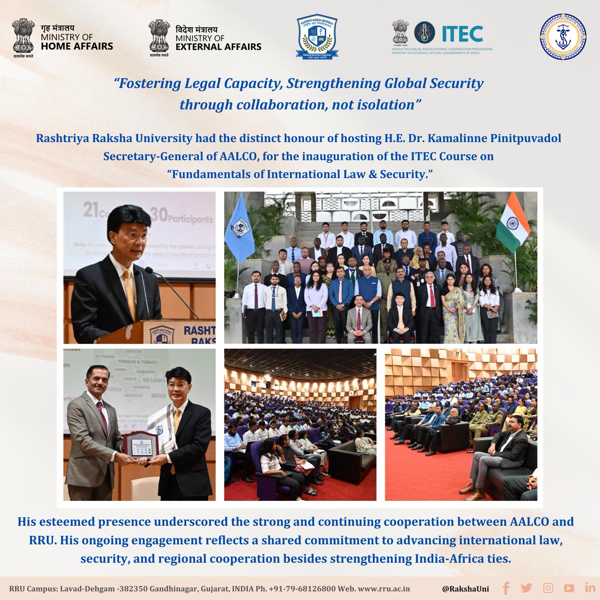 RRU_SICMSS (@sicmss) on Twitter photo Rashtriya Raksha University extends heartfelt gratitude to H.E. Dr. Kamalinne Pinitpuvadol, Secretary‑General, AALCO, for inaugurating our <a href="/ITECnetwork/">ITEC</a> Course on "Fundamentals of International Law & Security"<a href="/KamalinneP/">Kamalinne Pinitpuvadol</a> <a href="/AALCO2015/">AALCO</a> <a href="/rru_cil/">RRU Centre for International Law</a> <a href="/RakshaUni/">Rashtriya Raksha University (RRU)</a> <a href="/rru/">Remco Ruiter</a>
#IndiaAfrica Rashtriya Raksha University extends heartfelt gratitude to H.E. Dr. Kamalinne Pinitpuvadol, Secretary‑General, AALCO, for inaugurating our <a href="/ITECnetwork/">ITEC</a> Course on "Fundamentals of International Law & Security"<a href="/KamalinneP/">Kamalinne Pinitpuvadol</a> <a href="/AALCO2015/">AALCO</a> <a href="/rru_cil/">RRU Centre for International Law</a> <a href="/RakshaUni/">Rashtriya Raksha University (RRU)</a> <a href="/rru/">Remco Ruiter</a>
#IndiaAfrica