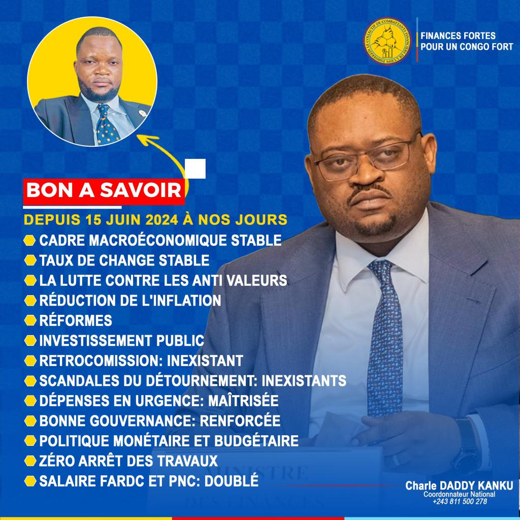 Effets <a href="/LikundeR/">Doudou R. FWAMBA LIKUNDE</a> 😊👇🏻 
🌟Cadre macroéconomique stable : O
🌟Taux de change stable : ✅ OK 
🌟La lutte contre les anti valeurs : ✅Ok
👉🏼 Réduction de l’inflation : OK ✅ 
👉🏼Réformes : OK ✅ 
👉🏼Investissement public : OK ✅ 
👉🏼 Retrocomission : inexistant