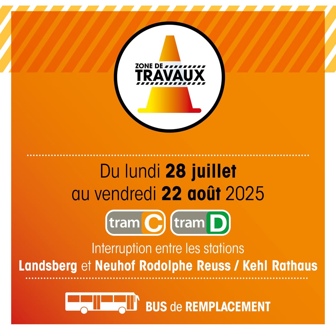 🚧RAPPEL - À PARTIR DU LUNDI 28 JUILLET ET JUSQU'AU VENDREDI 22 AOÛT 2025 INCLUS : TRAVAUX TRAM SUR LES LIGNES C ET D

🟠 Interruption entre les stations Landsberg &amp; Neuhof Rodolphe Reuss / Kehl Rathaus

Toutes les infos 👉  cts-strasbourg.eu/fr/Article/TRA…

#strasbourg