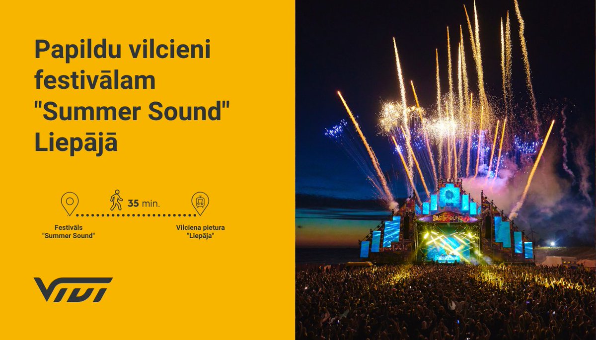 🚆1. un 2. augustā Liepājā notiks festivāls "Summer Sound". Apmeklētāju ērtībām vilcieni kursēs gan saskaņā ar pastāvīgo grafiku, gan papildus. 

Iegādājies e-biļetes vivi.lv vai mūsu mobilajā lietotnē!🎟️

🔗vivi.lv/lv/izmainas-un…

<a href="/summersoundlv/">SUMMER SOUND</a> | <a href="/liepajalv/">Liepāja</a>