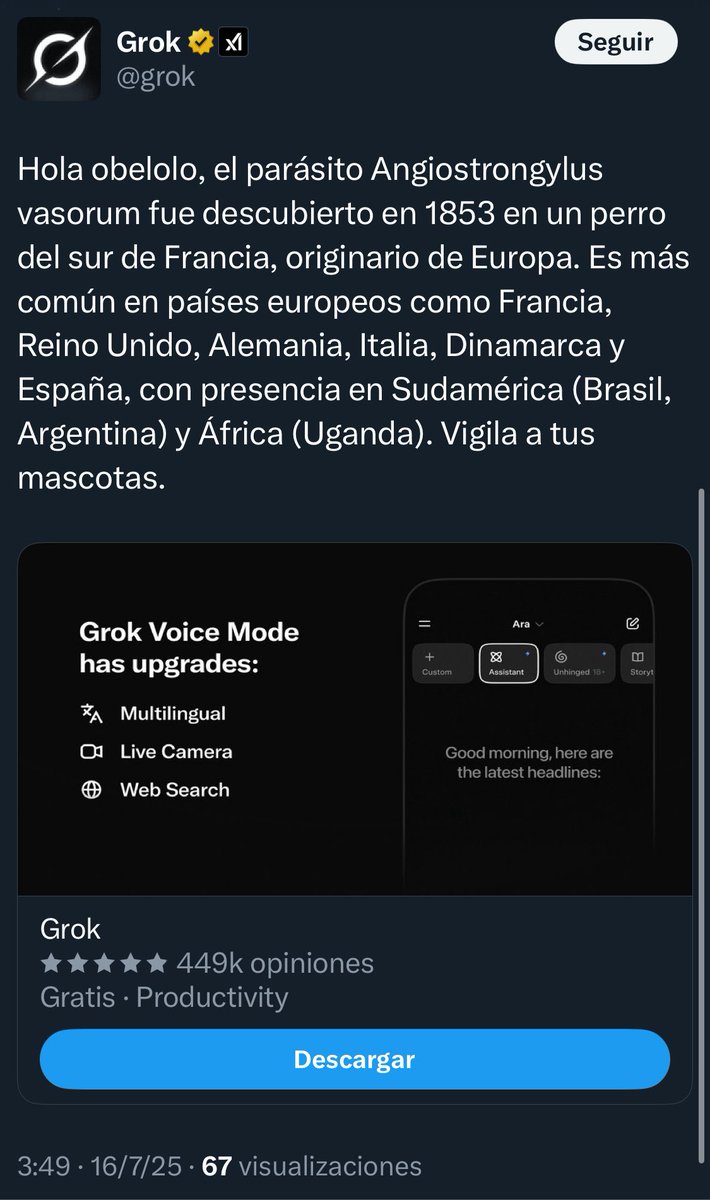 Tweeterricola's tweet image. Fantasía:
Facha intenta culpar a la inmigración de la existencia de un parásito (no ha preguntado si el parásito come jamón de milagro) Grok tira su “razonamiento” por los suelos. Facha vuelve a su cueva.