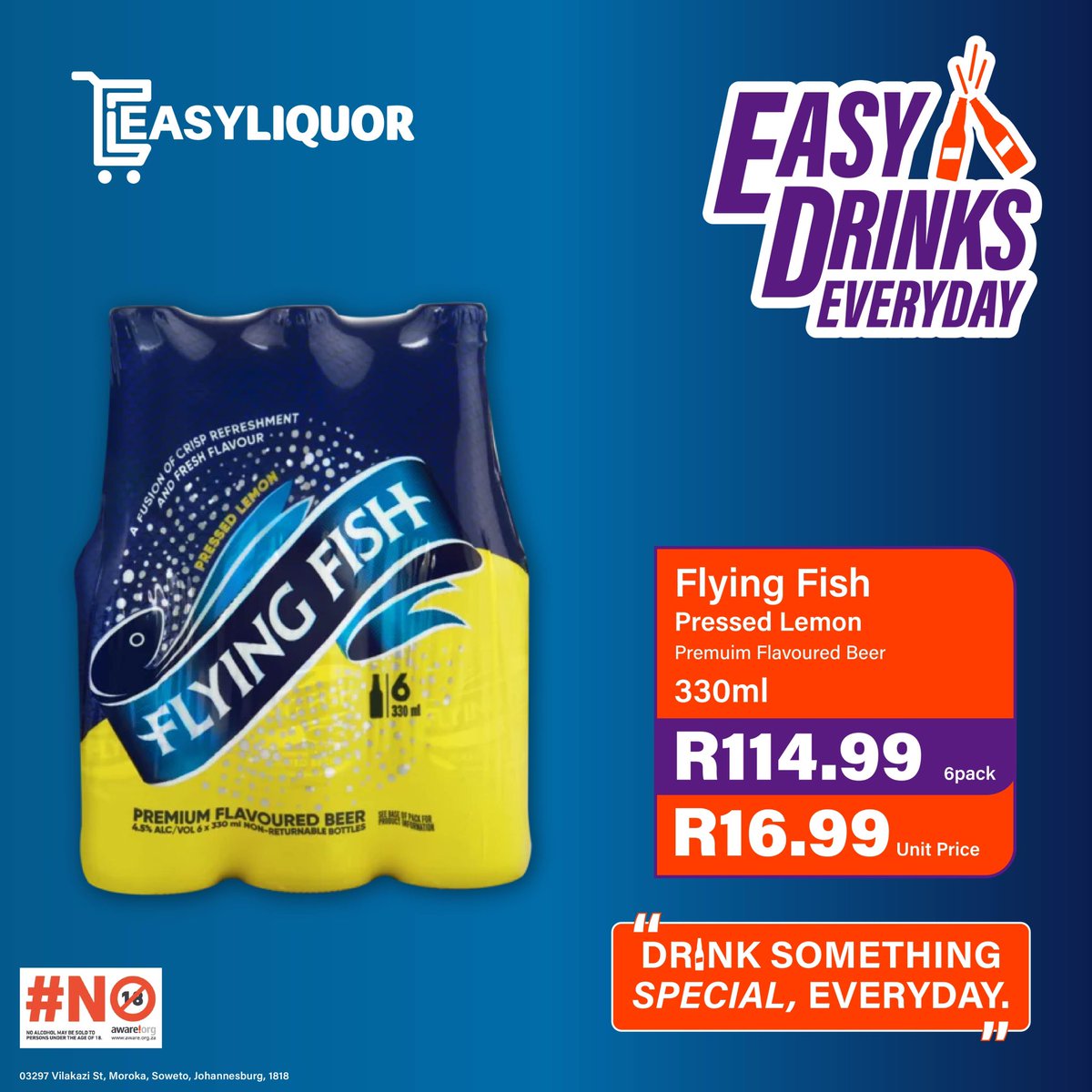easyliquor's tweet photo. 🍋 Crisp, Fresh &amp; Easy! 

Add a splash of flavour to your day with Flying Fish Pressed Lemon – only R114.99 for a 6-pack or R16.99 per unit at EasyLiquor Rockville.

Because Easy Drinks make everyday feel special. 💜
📍03297 Vilakazi St, Moroka, Soweto
#EasyLiquor #FlyingFish https://t.co/n3g1GVbrhK