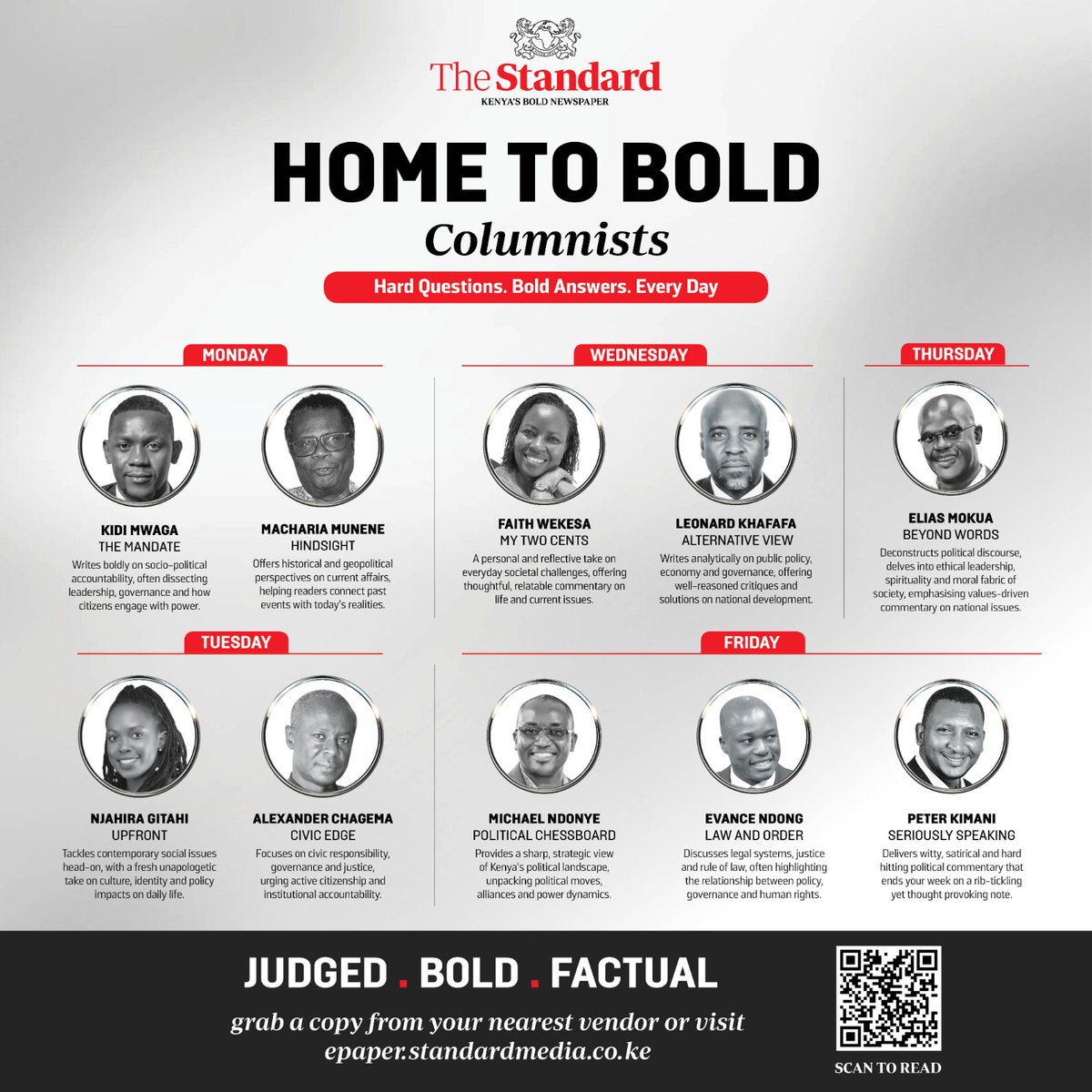 SpiceFMKE's tweet image. Where Bold Minds Speak Daily!
From politics to personal reflections, meet the columnists behind Kenya’s boldest takes.
Read their columns only in The Standard
epaper.standardmedia.co.ke