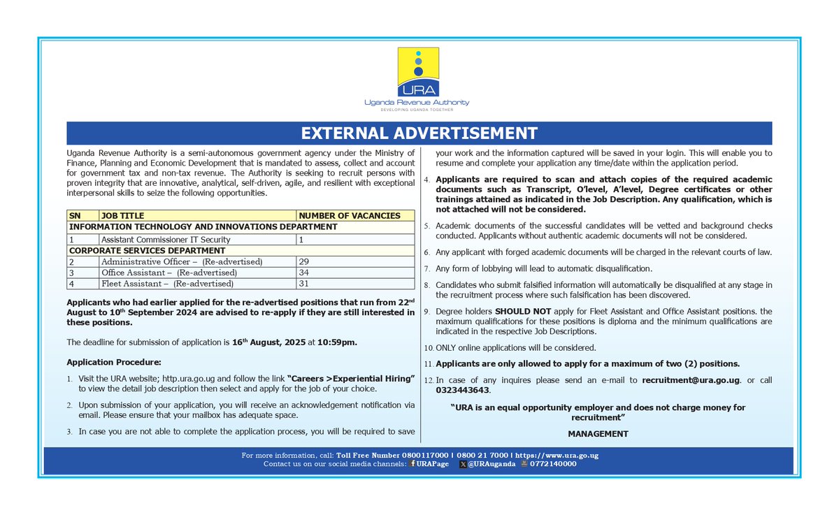 URAuganda's tweet image. Fortune knocks once at everyone's door.
Today, fortune is knocking on yours, Uganda Revenue Authority is hiring!
Don't miss these exciting opportunities with the Taxman. If you qualify, apply online: ura.taleo.net/careersection/…
Full details in the poster below.
#URAJobAlert…