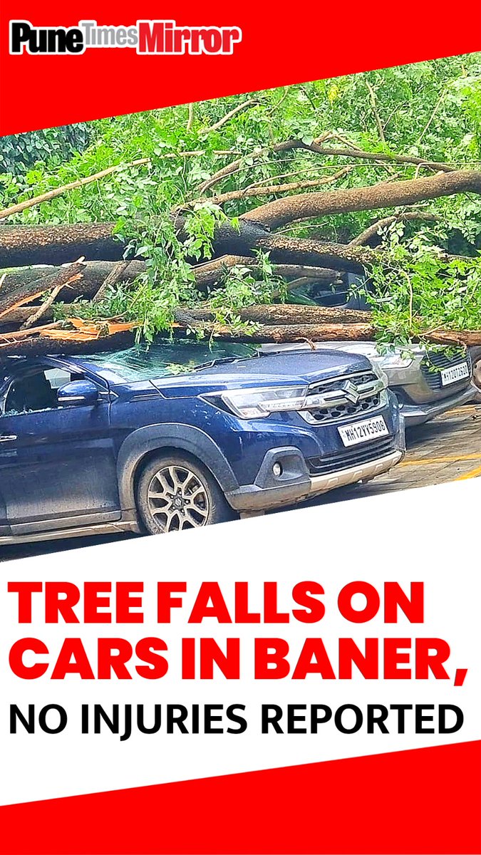 ThePuneMirror's tweet image. In Baner, near Ganaraj Chowk and Prathamesh Tech Park, a tree fell on four four-wheelers. The fire brigade removed the tree, and the vehicles were damaged. Fortunately, no one was injured.

#Baner #PuneNews #TreeFall #VehicleDamage #FireBrigadeAction #NoInjuries #GanarajChowk…