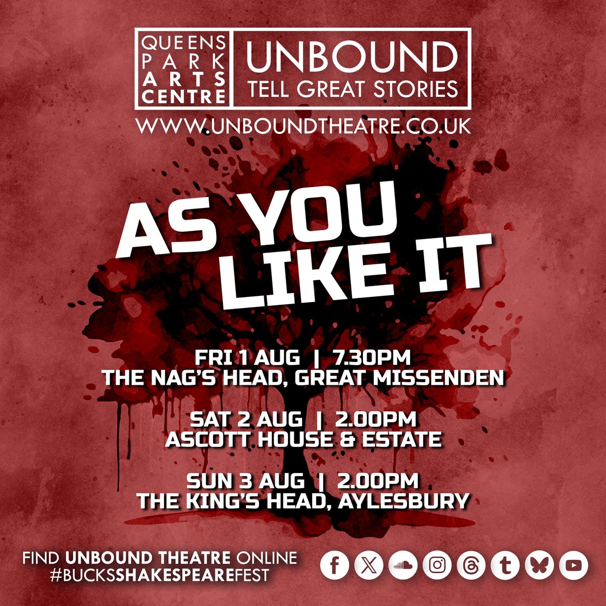 UnboundTheatre's tweet image. 'As You Like It' is headed to three more venues this weekend, including two free shows!
Fri 1 Aug | Nags Head, Gt Missenden | 7.30pm
Sat 2 Aug | @AscottEstate | 2pm
Sun 3 Aug | @Kings_Head, Aylesbury | 2pm
Info: unboundtheatre.co.uk/bucks-shakespe…
#TellGreatStories #BucksShakespeareFest