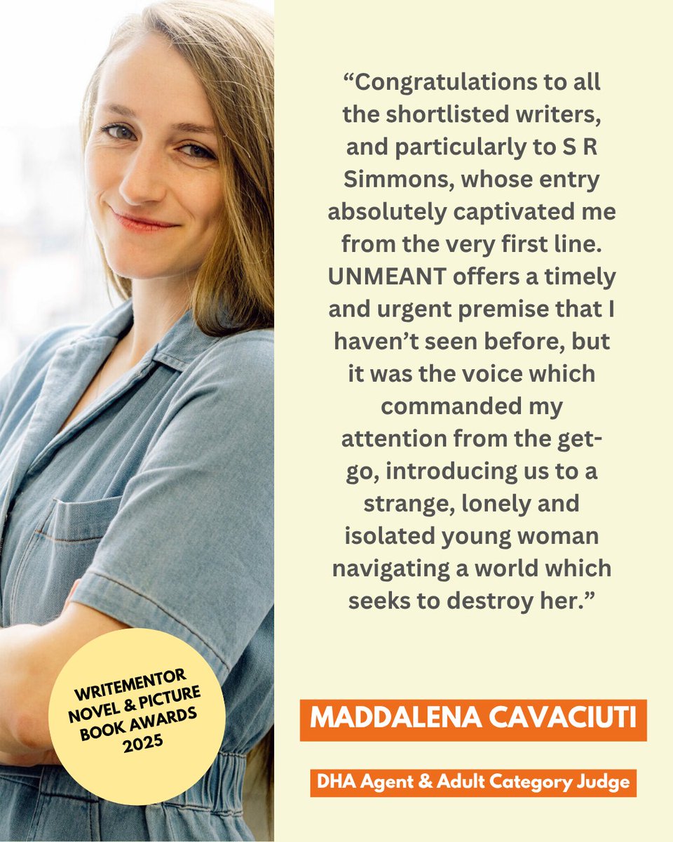 Thank you to DHA agent Maddalena Cavaciuti for judging the adult fiction category in this year's WriteMentor Novel &amp; Picture Book Awards selecting UNMEANT by S R Simmons as her winner.

Subscribe to our newsletter for updates on future awards writementor.substack.com