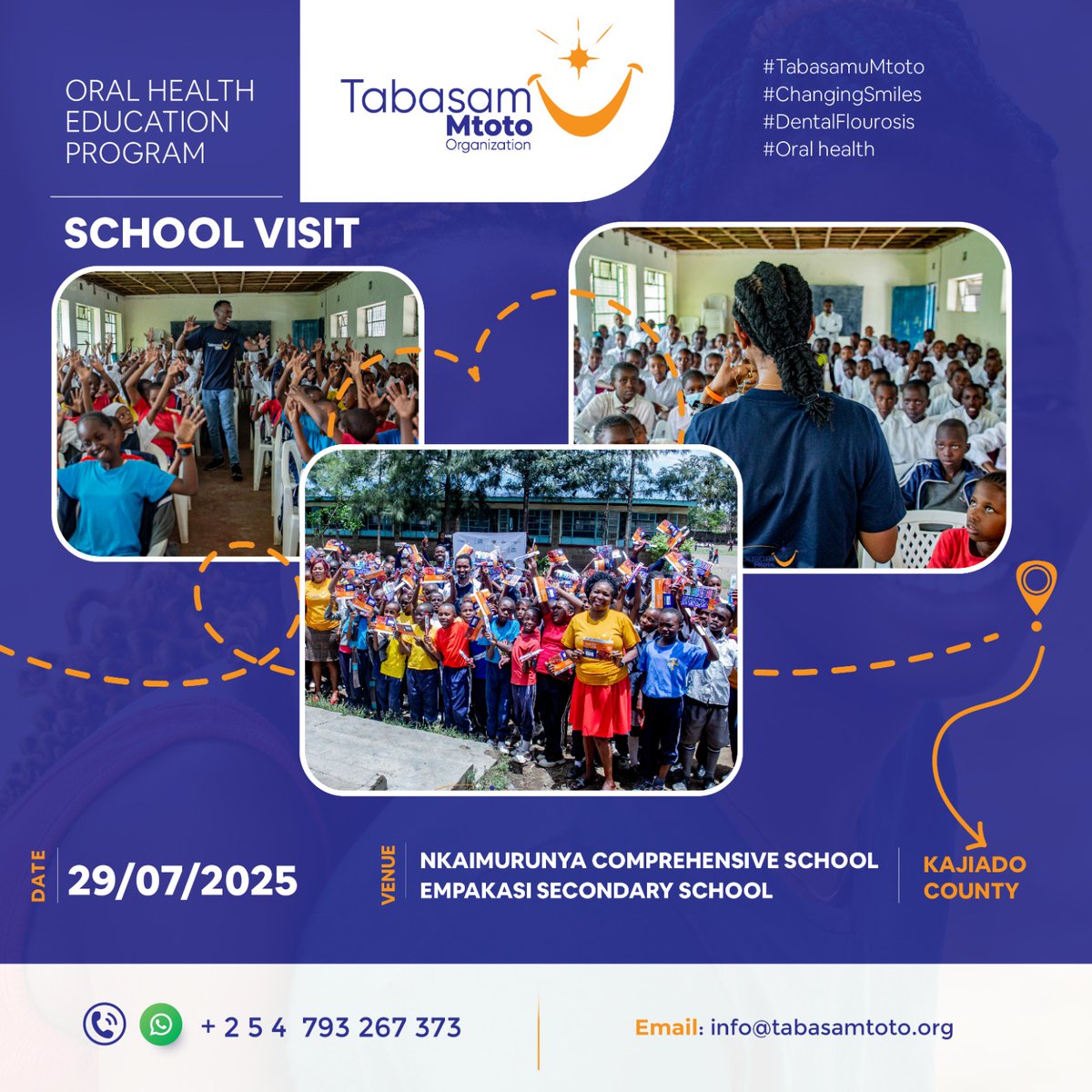 We are excited to join Tabasamu Mtoto Organisation for an upcoming Oral Health Education Program this Tuesday, 29th July 2025, at Nkaimurunya Comprehensive School and Empakasi Secondary School in Kajiado County.

We look forward to engaging with students, promoting better oral