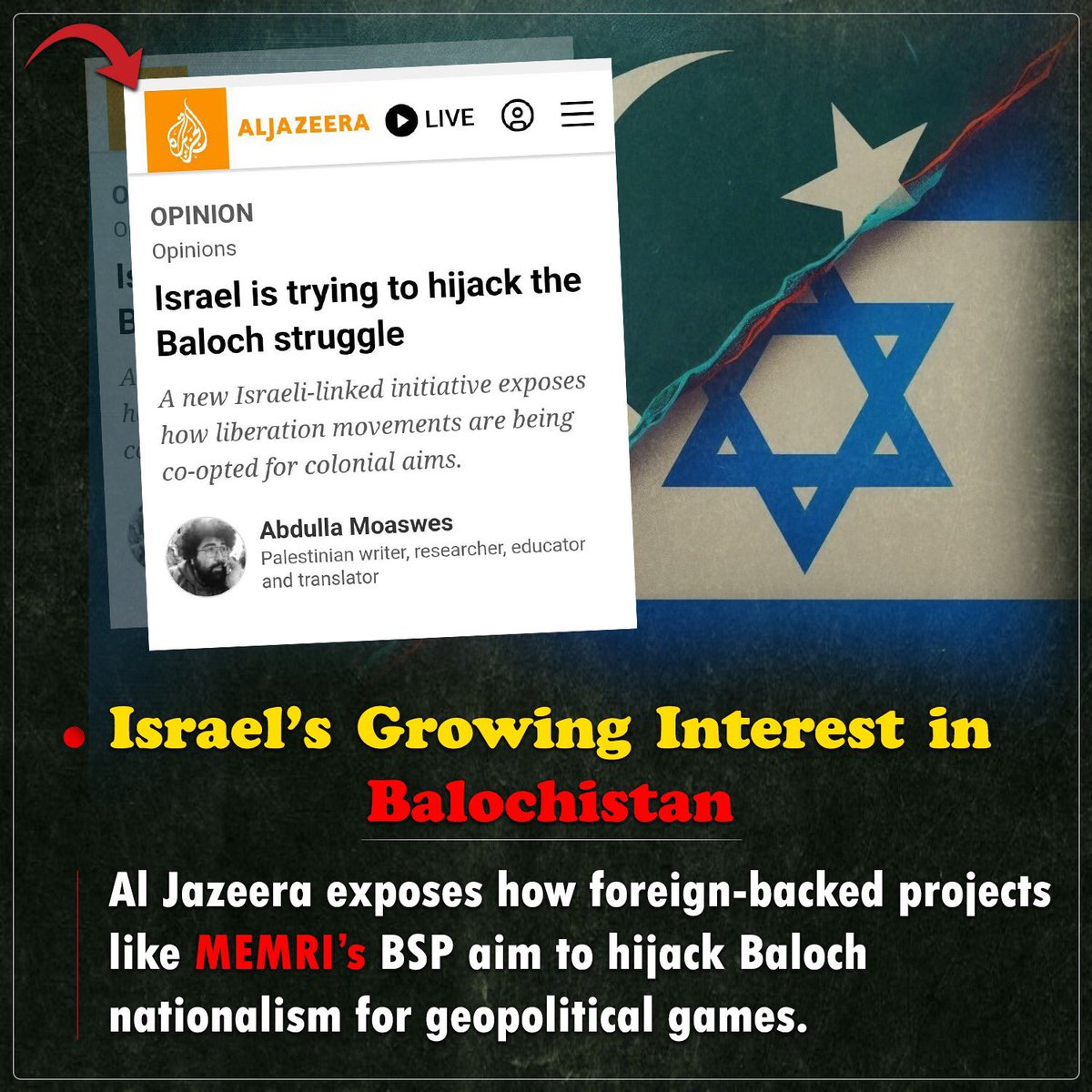 Nᴏʀᴇᴇɴ ❤️ (@xnren3) on Twitter photo Israel's Growing Interest in Balochistan
Al Jazeera uncovers how platforms like MEMRI’s Balochistan Strategic Project (BSP) are trying to steer Baloch nationalism into foreign hands.
This isn’t solidarity it’s strategic manipulation.
#สุรินทร์ Israel's Growing Interest in Balochistan
Al Jazeera uncovers how platforms like MEMRI’s Balochistan Strategic Project (BSP) are trying to steer Baloch nationalism into foreign hands.
This isn’t solidarity it’s strategic manipulation.
#สุรินทร์