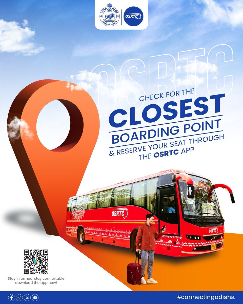 OSRTC_Odisha's tweet image. Your Stop, Just a Tap Away – Only with OSRTC!
Skip the wait - find your nearest boarding point with just a tap on the OSRTC App.
Experience the ease of modern travel with real-time information, seamless reservations & the reliability of OSRTC.
#osrtcforall #connectingodisha