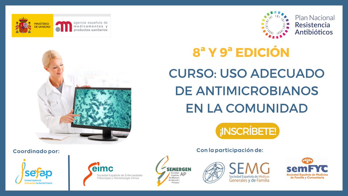 📢 ¡PLAZAS DISPONIBLES para 8ª y 9ª EDICIÓN DEL CURSO "USO ADECUADO DE ANTIMICROBIANOS EN LA COMUNIDAD" de @SEFAP

💻 Online | 100 horas 
🧮 200 plazas para médicos y farmacéuticos de AP y médicos de urgencias
🆓 Matrícula gratuita
📝 Inscripciones➡️bit.ly/4jhd5Ss

#AMR