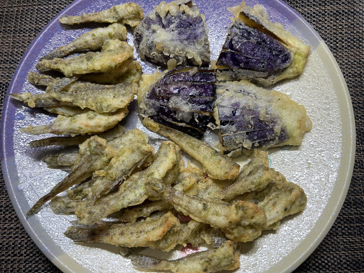 夏の楽しみ😋
ナス天はたっぷりの大根おろしと天つゆで。
ハゼはカリカリ青海苔天ぷらで日本酒🍶を。
ちょっとだけ飲んでます☺️