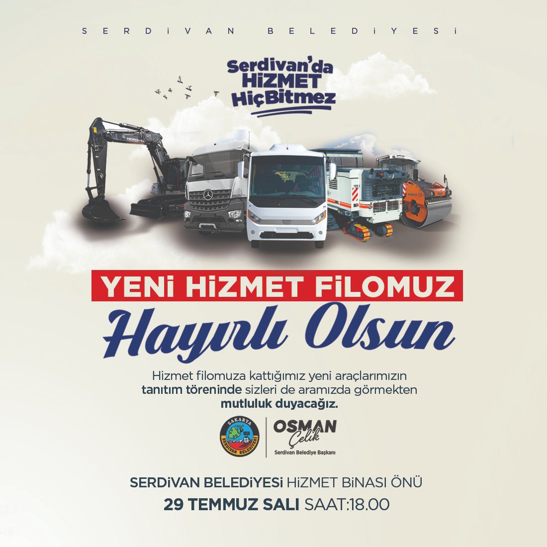 🚧Serdivan’da Yeni Filomuz Yollarda!🚜

İlçemize kazandırdığımız yeni araçlarla, hizmet gücümüzü daha da artırıyoruz.

Her alanda daha hızlı, daha etkili hizmet için güçlenen filomuzun tanıtım töreninde,
Belediye Hizmet Binamız önüne tüm vatandaşlarımızı bekliyoruz.