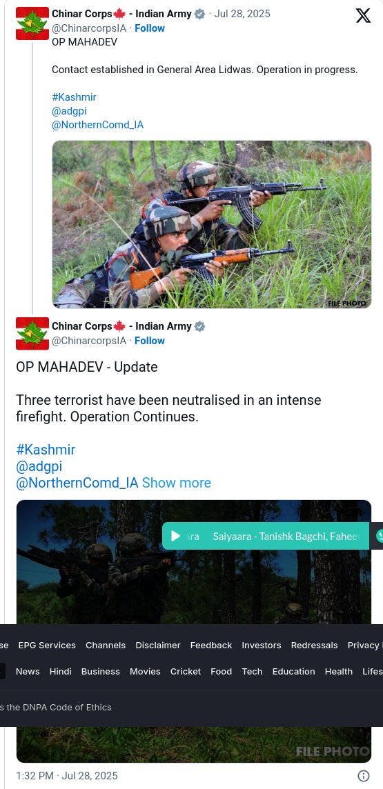 LancerFlying's tweet image. 15 Corps which is conduction the operations isnt saying it BUT Godi media has already announced that "Pahalgam terrorists eliminated"
So who exactly is setting the narrative?
Isnt it expected that the Army should be the ones saying who they killed but did not Yet Media is!