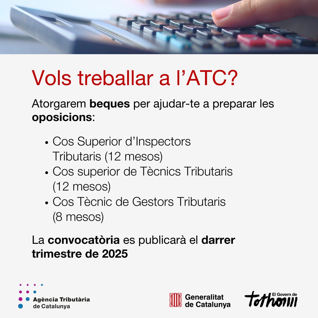 Economia i Finances (@economiacat) on Twitter photo ℹ️ La <a href="/gencat/">Generalitat de Catalunya</a> obre un programa de 50 beques per preparar oposicions als cossos tributaris de l’<a href="/tributscat/">Agència Tributària</a>.
✅ Tindran una dotació equivalent al salari mínim interprofessional (SMI).
➕ Forma part de l’estratègia per reforçar l’ATC i garantir la qualitat del servei públic. ℹ️ La <a href="/gencat/">Generalitat de Catalunya</a> obre un programa de 50 beques per preparar oposicions als cossos tributaris de l’<a href="/tributscat/">Agència Tributària</a>.
✅ Tindran una dotació equivalent al salari mínim interprofessional (SMI).
➕ Forma part de l’estratègia per reforçar l’ATC i garantir la qualitat del servei públic.