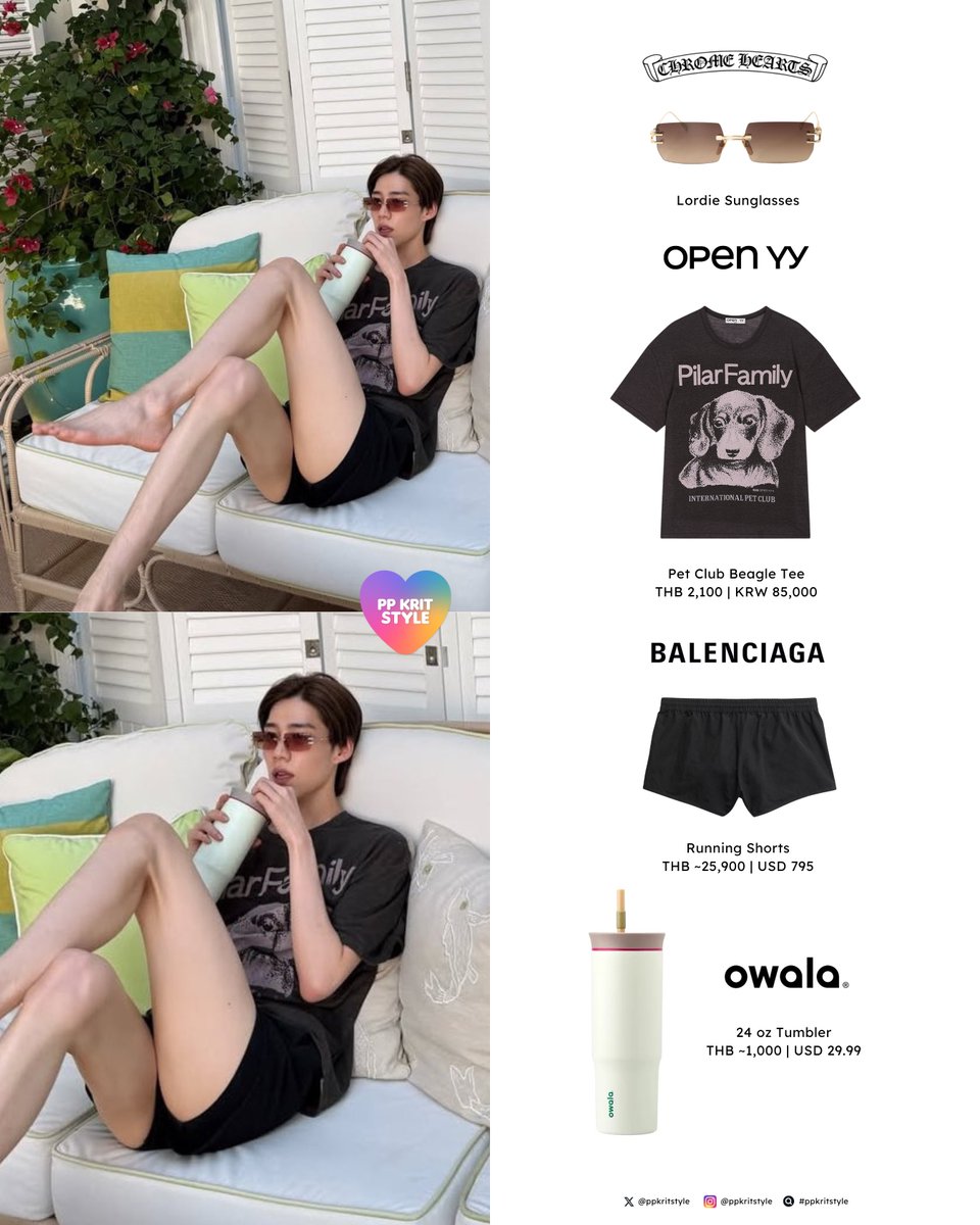 ppkritstyle's tweet image. 〰️ พีพี | PP KRIT STYLE: #BKPPพาพี่พี่ติดเกาะ
#ChromeHearts Lordie Sunglasses
#OpenYY Pet Club Beagle Tee
#Balenciaga Running Shorts
#Owala 24oz Tumbler
#ppkritt #ppkritstyle
#พีพีกฤษฏ์ #พีพีใส่แบรนด์อะไร