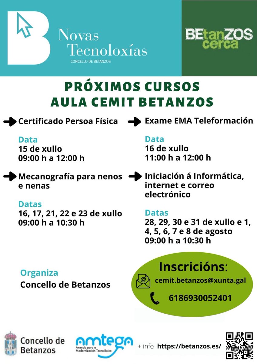 🖥️ A Aula CeMIT acolle o obradoiro “Iniciación á informática, internet e correo electrónico”.

🗓️ Datas: 28, 29, 30, 31 de xullo e 1, 4, 5, 6, 7 e 8 de agosto
🕘 Horario: De 09:00 h a 10:30 horas
✍️ Inscricións na propia aula 

Máis info 👉 novas.betanzos.es/evento/obradoi…