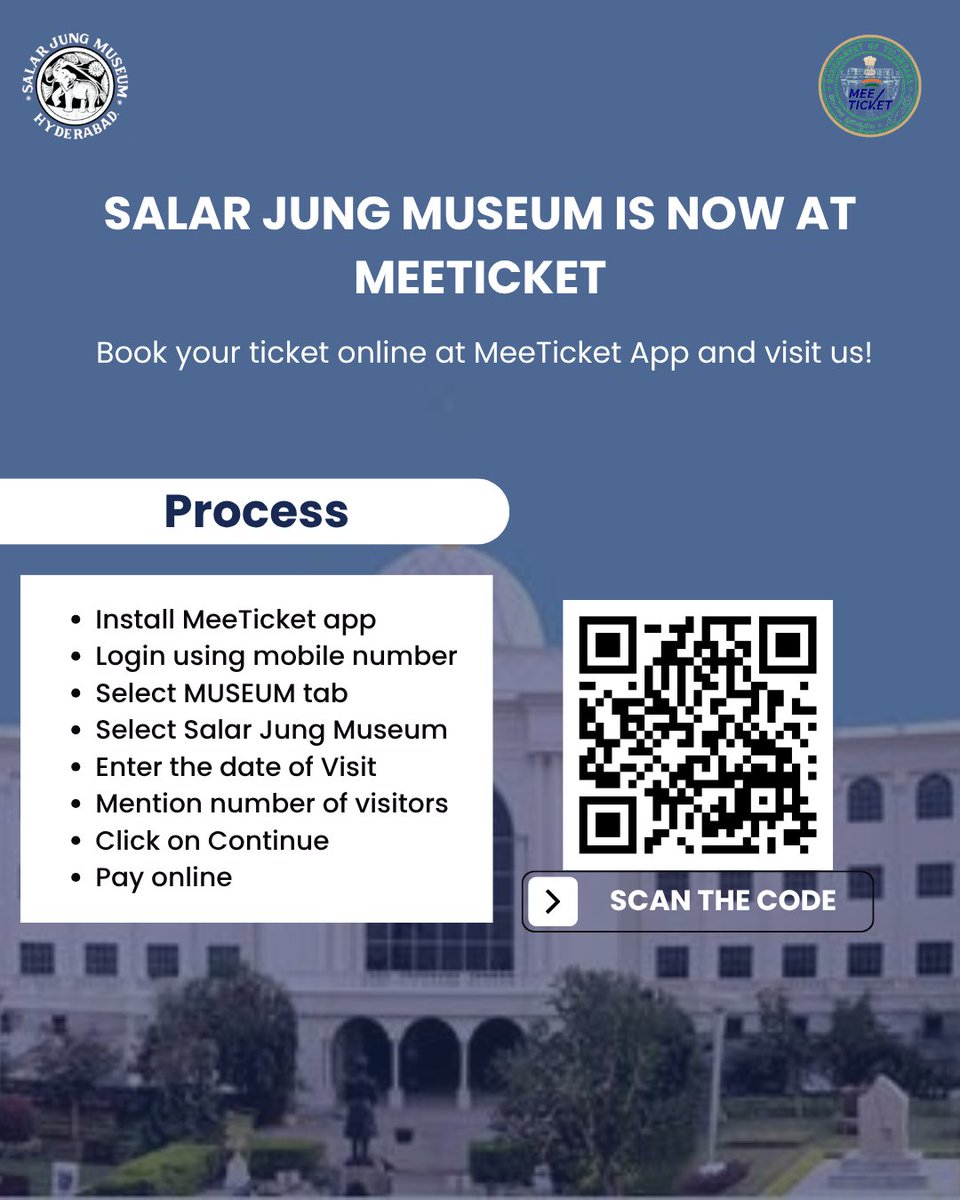 sjmhyd's tweet photo. Salar Jung Museum tickets now on MeeTicket!

Skip the lines — book your entry in minutes through the MeeTicket App.

📱 Scan the code, select the museum, choose your date, and you're in!

#SalarJungMuseum #MeeTicket #BookOnline #HyderabadHeritage #MuseumVisitMadeEasy https://t.co/vkcDzJPG3i