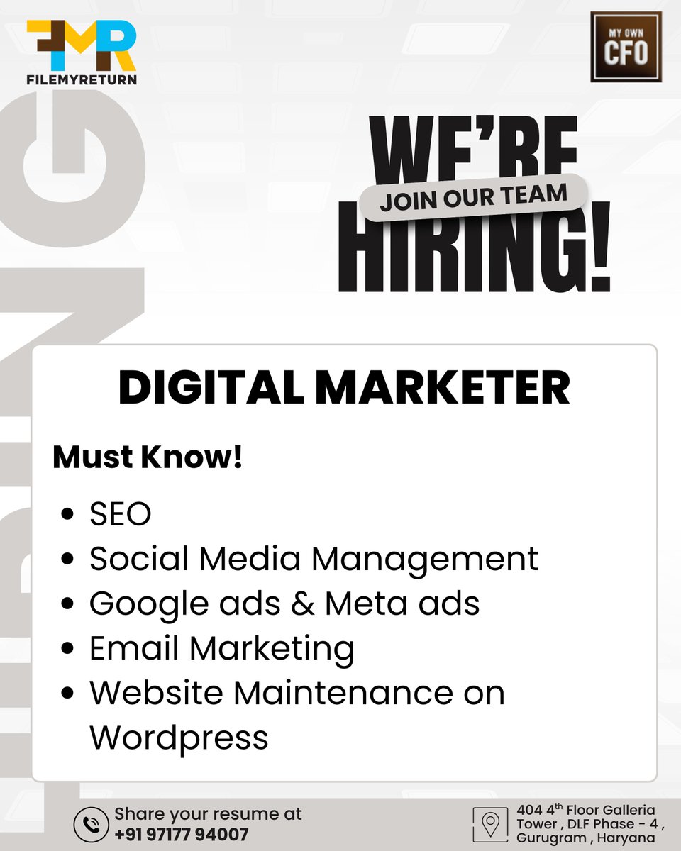 Filemyreturn2's tweet image. Hiring for Digital Marketer
Must Know:
1) SEO
2) Social Media Management
3) Google ads &amp;amp; Meta ads
4) Email Marketing
5) Website Maintenance on Wordpress

Address - 404 , 4th Floor Galleria Tower , DLF Phase - 4 , Gurugram , Haryana

#hiring #digitalmarketer #seoexpert