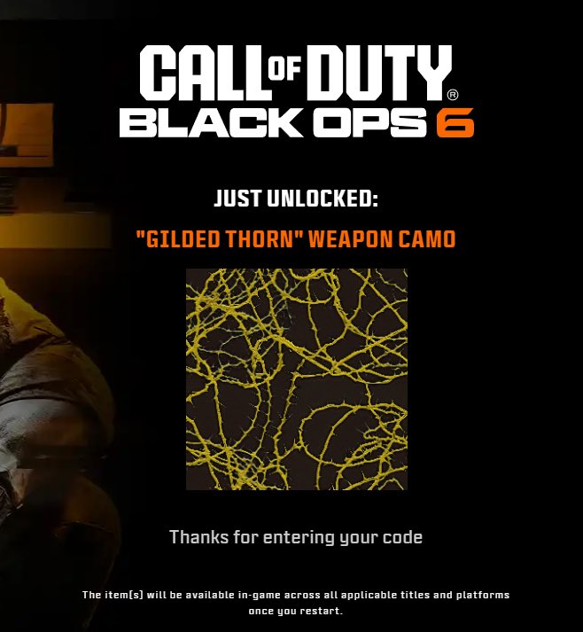 TheBO6CODSHOP's tweet image. The EXCLUSIVE Gilded Thorn Weapon Camo is available now, while stock lasts! 💛

We have less than 10 codes left for this camo.

Get it now: codrewards.store/products/exclu…
