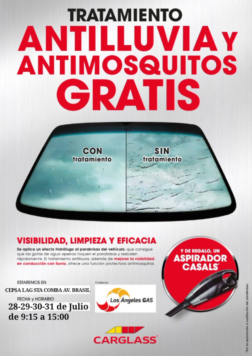 Esta semana el equipo <a href="/CarglassEs/">Carglass® España</a> está en nuestra estación de servicio #Xallas #SantaComba no te pierdas la oportunidad de salir con el tratamiento antimosquitos y antilluvia #gratis
