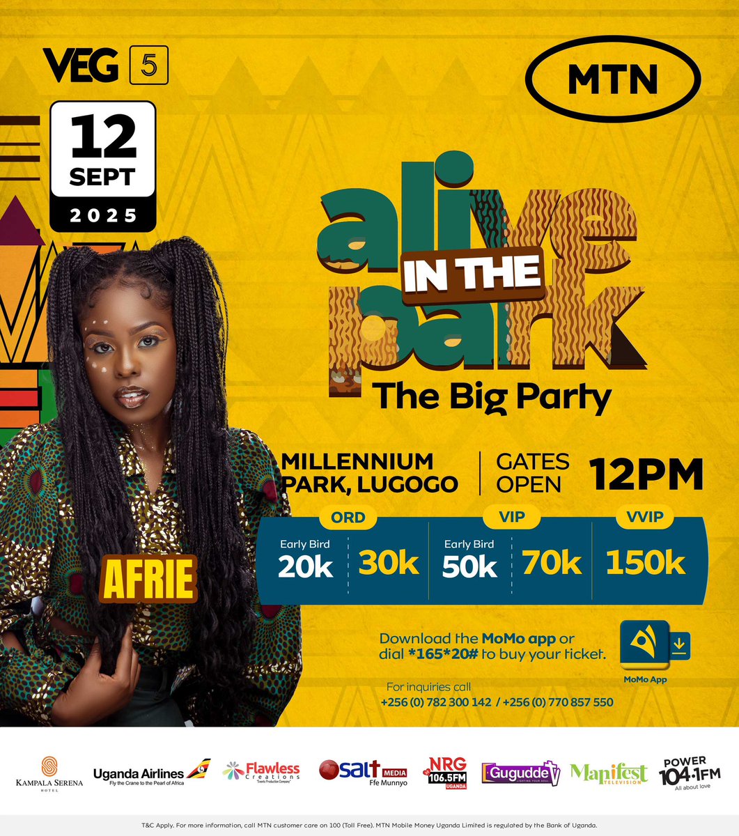 Vine Entertainment Group (@vineentgroup) on Twitter photo #AliveInThePark ARTIST REVEAL ✨
<a href="/afriecangal/">A F R I E 🔥</a> will be bringing the ‘Ggulu’ party to #AliveInThePark! 🔥
Get those early bird tickets now on <a href="/mtnmomoug/">MoMo from MTN Uganda</a> 👉🏾 bit.ly/3H5fX6A
✨ For VVIP table reservations, contact 0782300142.
#TheBigParty
#VEGat5 ✨ #AliveInThePark ARTIST REVEAL ✨
<a href="/afriecangal/">A F R I E 🔥</a> will be bringing the ‘Ggulu’ party to #AliveInThePark! 🔥
Get those early bird tickets now on <a href="/mtnmomoug/">MoMo from MTN Uganda</a> 👉🏾 bit.ly/3H5fX6A
✨ For VVIP table reservations, contact 0782300142.
#TheBigParty
#VEGat5 ✨