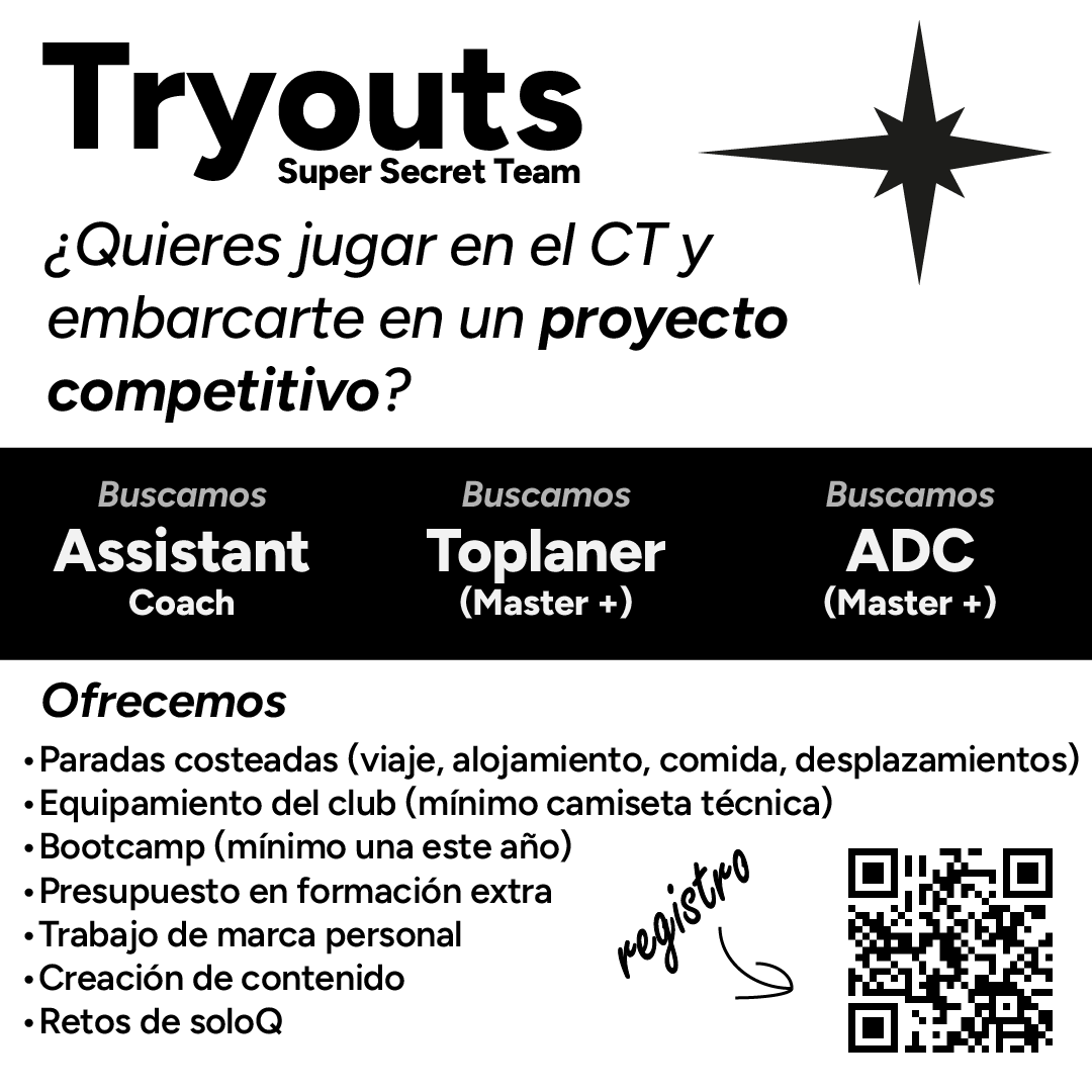 Bueno bueno, llevo un tiempo sin dar mucha actualización del proyecto, estamos avanzando cositas pero para avanzar ahora os necesitamos a vosotros, buscamos ADC y Toplaner (Master +) además de un assistant coach.

🔗forms.gle/Rj2He7X6R8ZjHM…

Que ofrecemos:
- Paradas completamente