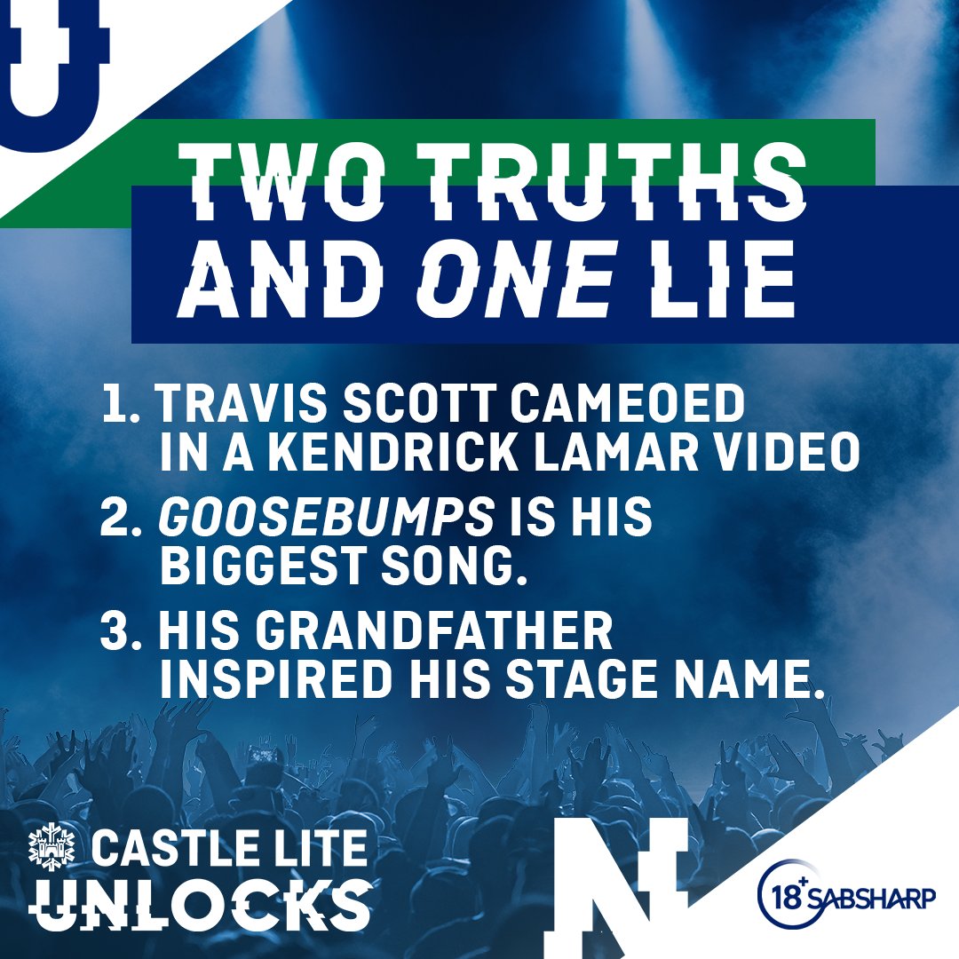 Castle Lite (@castlelitesa) on Twitter photo It's a Crisp #UnlocksMonday, so let's play Two Truths One Lie. 🧩 
If you know your Travis Scott facts, this will be a breeze, and you might get an Extra Cold DM. 😉 
#CastleLiteUnlocks It's a Crisp #UnlocksMonday, so let's play Two Truths One Lie. 🧩 
If you know your Travis Scott facts, this will be a breeze, and you might get an Extra Cold DM. 😉 
#CastleLiteUnlocks