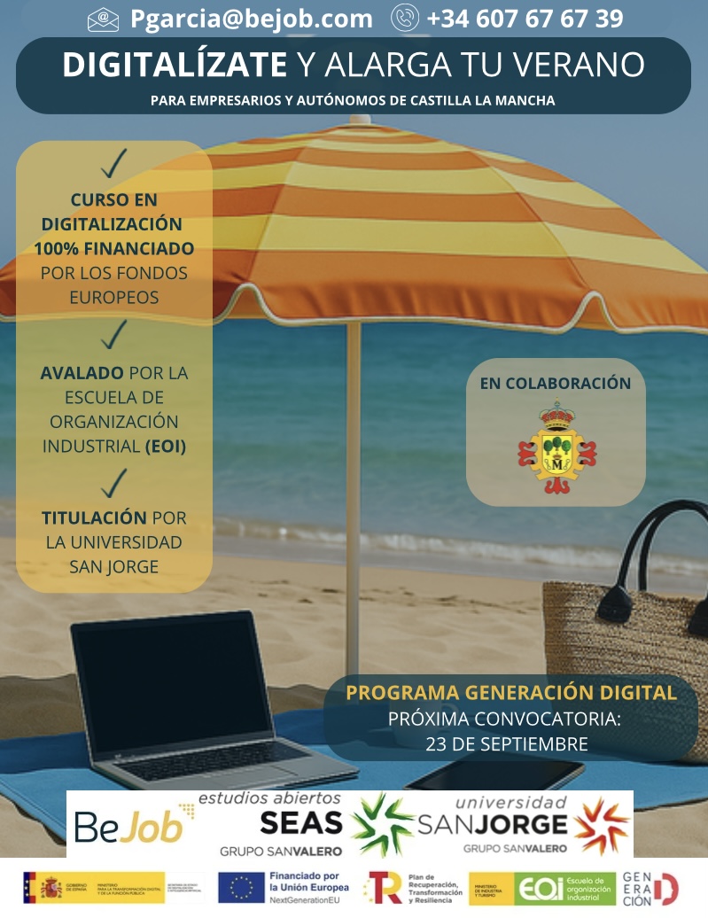 ⛱️¿Preparando las vacaciones?
📲No olvides antes inscribirte en el Programa Generación #Digital.
👉Dirigido a empresarios y autónomos de Castilla La Mancha.
🎓Titulación de la Universidad de San Jorge y con el aval de #EOI
📷 Inicia en septiembre
#manzanares #generaciondigital
