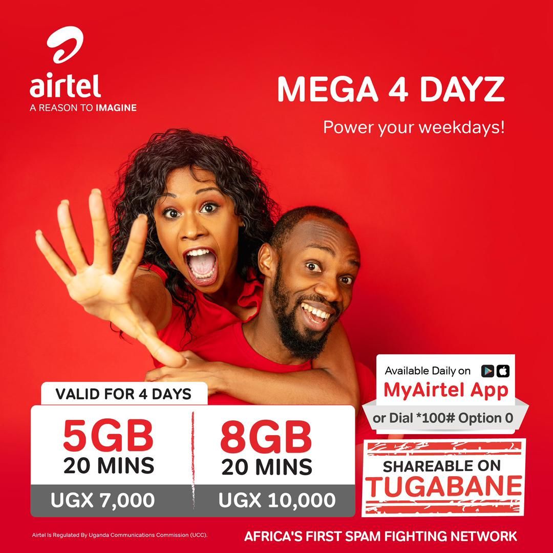 KigaBae2's tweet image. Mega Mondays just got better
Spend less, get more with #Mega4Dayzz
✨ 5GB + 20 mins @ UGX 7,000
✨ 8GB + 20 mins @ UGX 10,000
valid for 4 days
Activate via *100*0# or the #MyAirtelApp & share on Tugabane
Start your week powered up.
