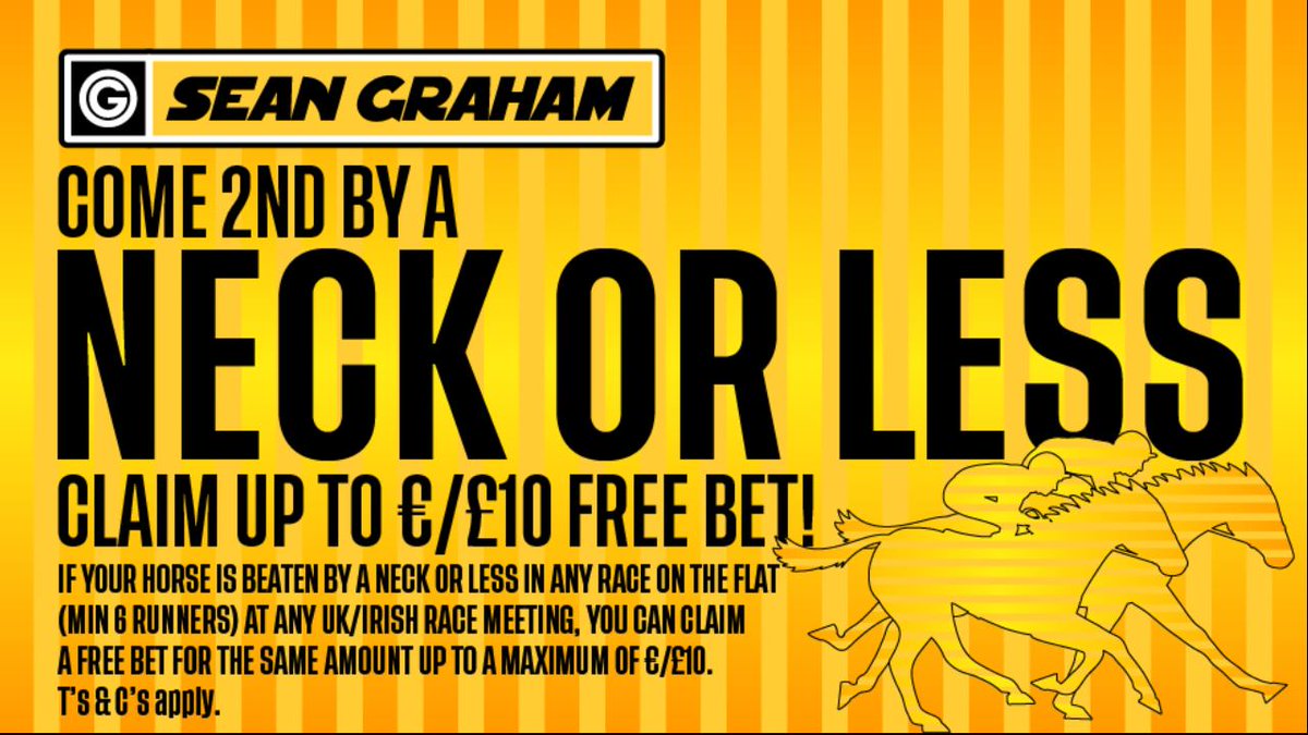 SeanGrahamBets (@seangrahambets) on Twitter photo It's Flat Racing season!
We are now offering a free bet if your horse is beaten by a NECK OR LESS in any race on the flat! 🐴
T&C APPLY!
📞 NI - 08000321321
📞 ROI - 1800212121
<a href="/course_ni/">Punters Guide (The PG)</a> <a href="/puntersg/">Gerard Mulhern - PG Media</a> It's Flat Racing season!
We are now offering a free bet if your horse is beaten by a NECK OR LESS in any race on the flat! 🐴
T&C APPLY!
📞 NI - 08000321321
📞 ROI - 1800212121
<a href="/course_ni/">Punters Guide (The PG)</a> <a href="/puntersg/">Gerard Mulhern - PG Media</a>
