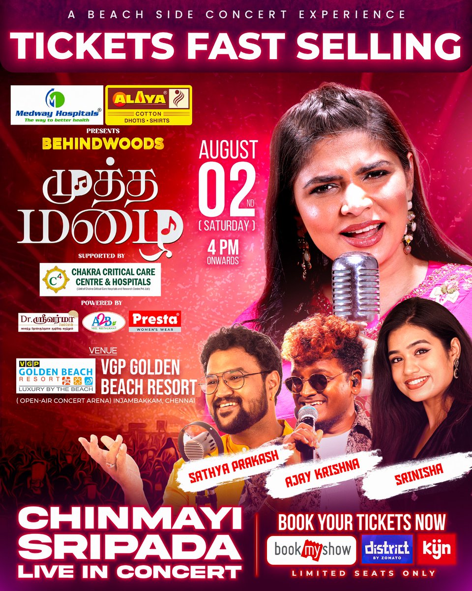 behindwoods's tweet image. 🎟️ TICKETS SELLING OUT FAST!
🎤✨ Behindwoods Muththa Mazhai – Live in Concert
Featuring the soulful Chinmayi Sripada
📅 Date: August 2nd, 2025
🕓 Time: 4 PM onwards
📍 Venue: VGP Golden Beach Resort – Open Air Concert Arena, Injambakkam, Chennai
🎶 Let the music speak – an…