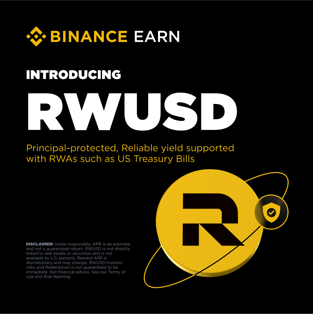 #Binance introduces a new principal protected Earn product: RWUSD.

RWUSD aims to benchmark yields in Real-World Assets (RWA) such as tokenized US Treasury Bills.

Subscribe with your stablecoin, earn Up to 4.2% APR. 

👉 binance.com/en/earn/rwa-rw…