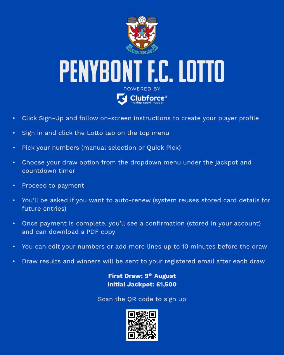 PenybontFC_'s tweet image. The first Penybont Lotto draw is just over a week away. 💰

Sign up here and read below for all the information you need 👉 penybontfc.clubforce.com

All proceeds of the lottery will be allocated towards club funds for community development projects. 

#WeArePenybont