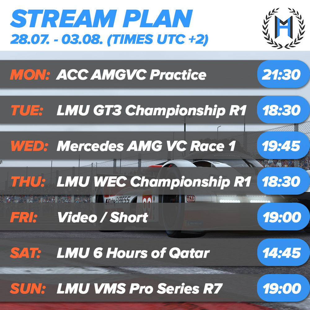 Here comes the Streamplan for this week! We are going to be busy this week with lots of practice &amp; Online Racing!

#simracing #simracer #streamer #contentcreator #racing #Motorsport