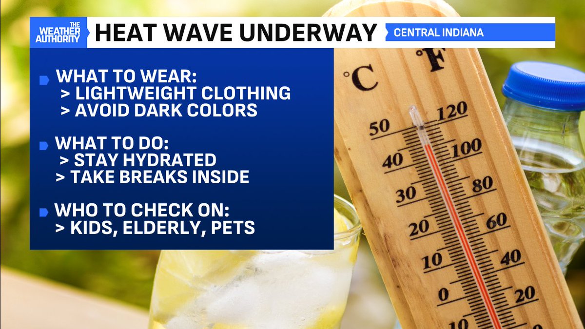 Heat Advisory remains in effect through 8 PM Tuesday for central Indiana. Highs will rise into the lower 90s this afternoon with 100°+ heat indices! Find ways to stay cool with the high heat and humidity. Here are tips! #INwx <a href="/FOX59/">FOX59 News</a> <a href="/theWXauthority/">Weather Authority</a> <a href="/CBS4Indy/">CBS4 Indy</a>