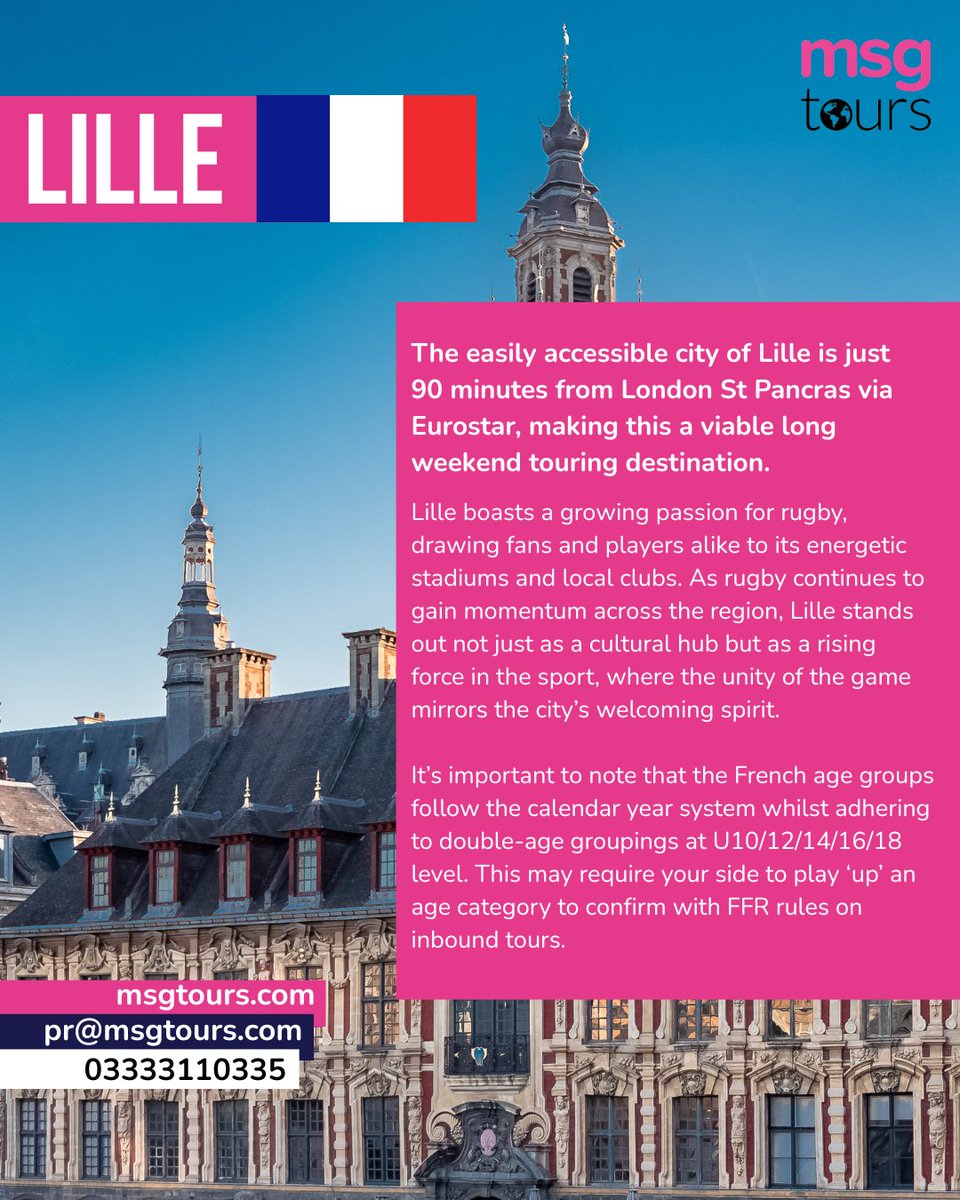 MSG Tours (@msgtours) on Twitter photo Just 90 minutes from London via Eurostar, Lille is the ideal long weekend destination for your next rugby tour. Pair competitive fixtures with rich culture, great food, and warm hospitality. 🇫🇷
Contact us for more information!
Msgtours.com
Pr@msgtours.com Just 90 minutes from London via Eurostar, Lille is the ideal long weekend destination for your next rugby tour. Pair competitive fixtures with rich culture, great food, and warm hospitality. 🇫🇷
Contact us for more information!
Msgtours.com
Pr@msgtours.com