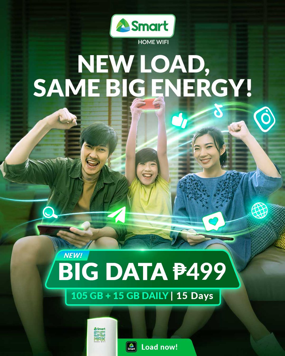 LiveSmart's tweet image. The NEW Big Data ₱499 is Here!
Power up your Smart Home WiFi with a boost of 105GB + 15GB daily for 15 days. Perfect to fuel Kuya’s online classes, Mom’s Zoom meetings, and Dad's podcasts.
Load here: smrt.ph/BigDataP499OLS
Don't have a Smart Home WiFi device yet? Buy now:…