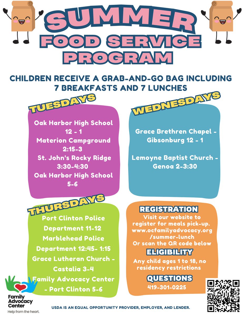 The Family Advocacy Center’s Summer Food Program is back—now serving Gibsonburg &amp; Castalia! Kids 1–18 get a weekly grab-and-go bag with 7 breakfasts &amp; 7 lunches. No residency required.

🔗 bit.ly/4k66g5H
📞 419-301-0225