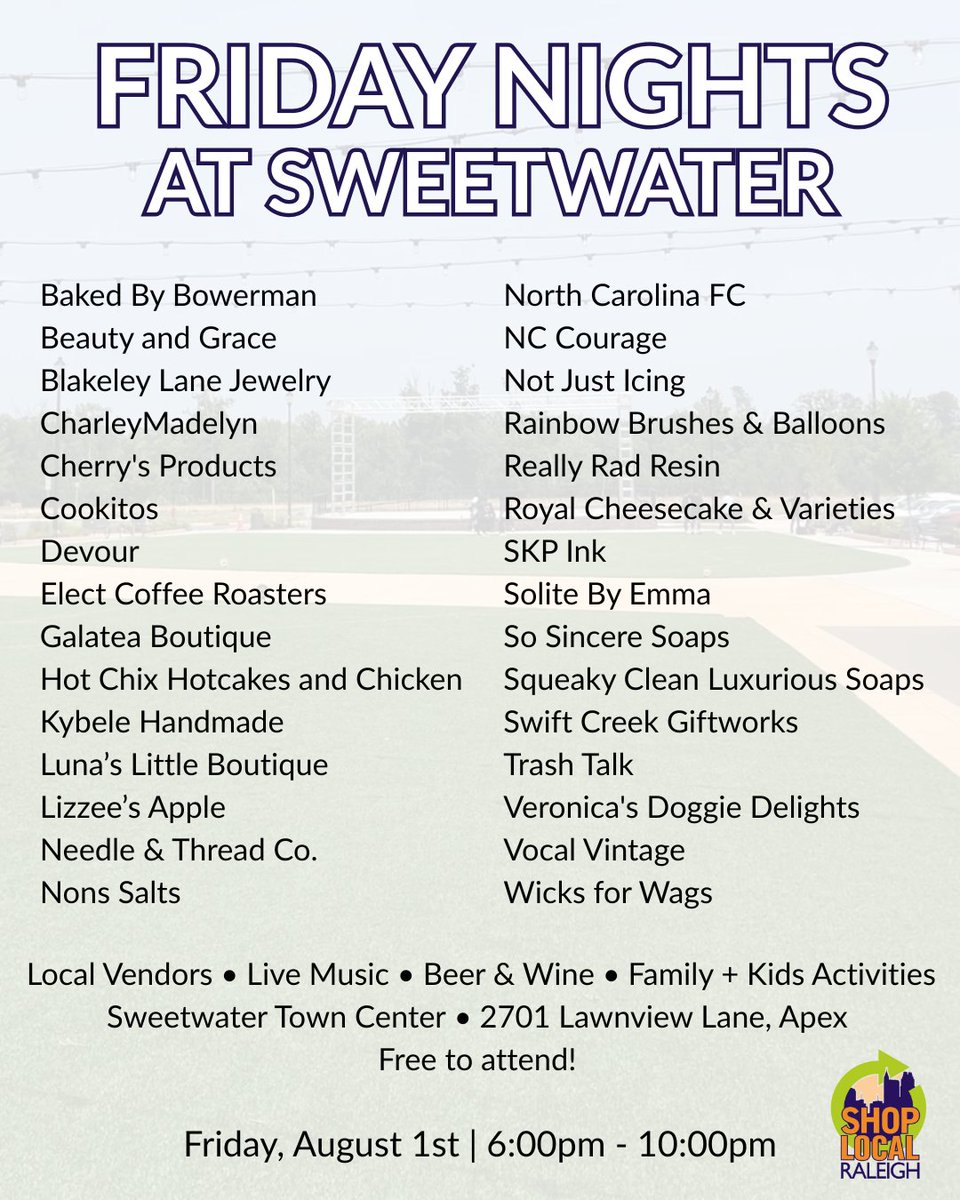 ShopLocRaleigh's tweet image. Join us THIS Friday Night at Sweetwater!🥳 Kick off your weekend with:
🛍️ Curated market of local makers and vendors
🍔 Food trucks
🎶 Live Music
🍷 Beer, Wine, Seltzer
🎨 Lawn games + Kids Activities
📅 Friday, August 1
🕔 6pm - 10 pm
✨ Free to attend!