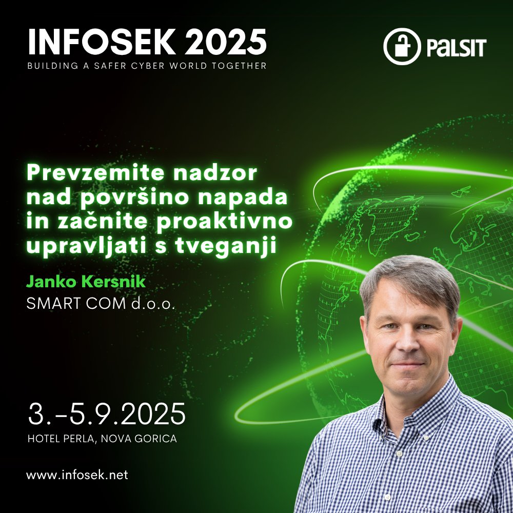 🧠 Napadi imajo načrt. Imate vi nadzor?

Večina organizacij misli, da ima varnost pod nadzorom. A medtem ko gledate protivirusne alarme in preverjate požarni zid, napadalci že rišejo pot – mimo vsega tega.

Janko Kersnik iz SMART COM d.o.o. vas bo na INFOSEKU 2025 soočil z