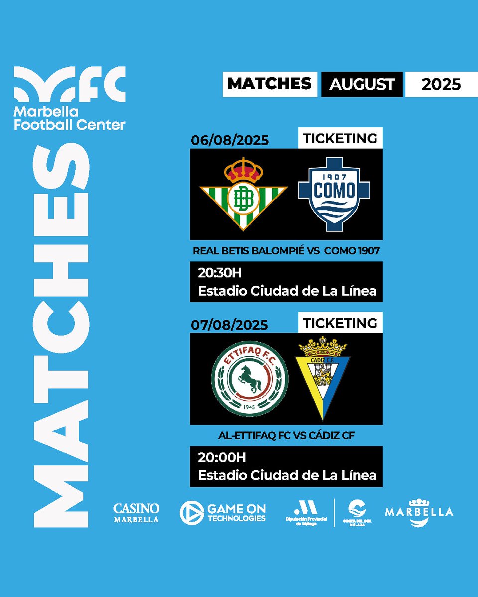 📌 New 🔝 friendly matches
🖥️ Tickets available at the link in our BIO in IG 

📌 Nuevos partidos amistosos 🔝
🖥️ Entradas disponibles en nuestra BIO en IG

#marbellafootballcenter #mfc #marbella #playasyoutrain #realbetisbalompié #betis #como1907 #ettifaq #cadizcf