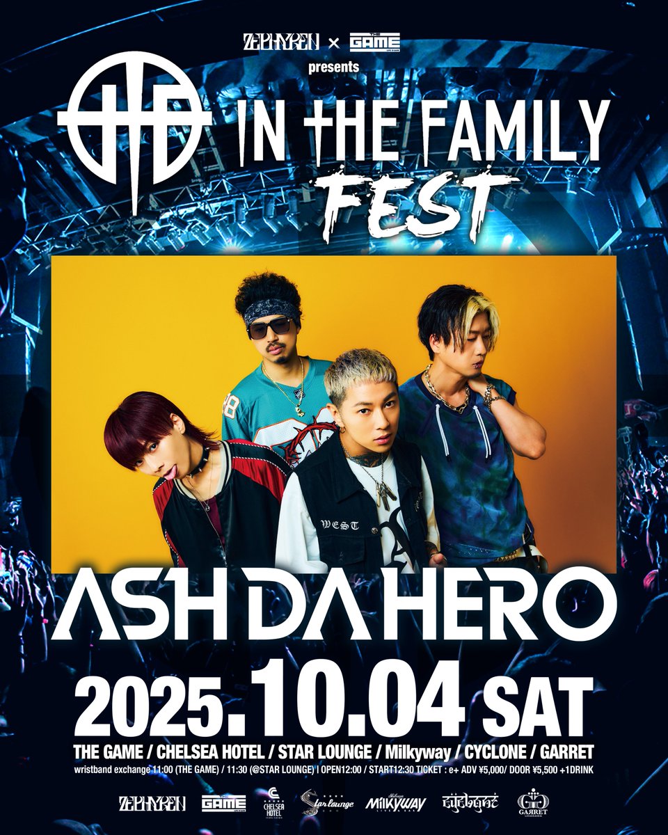 SHIBUYATHEGAME's tweet image. 【🎸第二弾LINE UP①🎸】
10.04(SAT)
ZEPHYREN × SHIBUYA THE GAME presents.
『In The Family FEST 2025』
&lt;第二弾ACT&gt;
🎸ASH DA HERO
🎸Launcher No.8
🎸redmarker
🎸ReVERSE BOYZ
🎫livepocketチケット一般発売中!!🔥
➡️t.livepocket.jp/e/itff2025
#ITFF2025