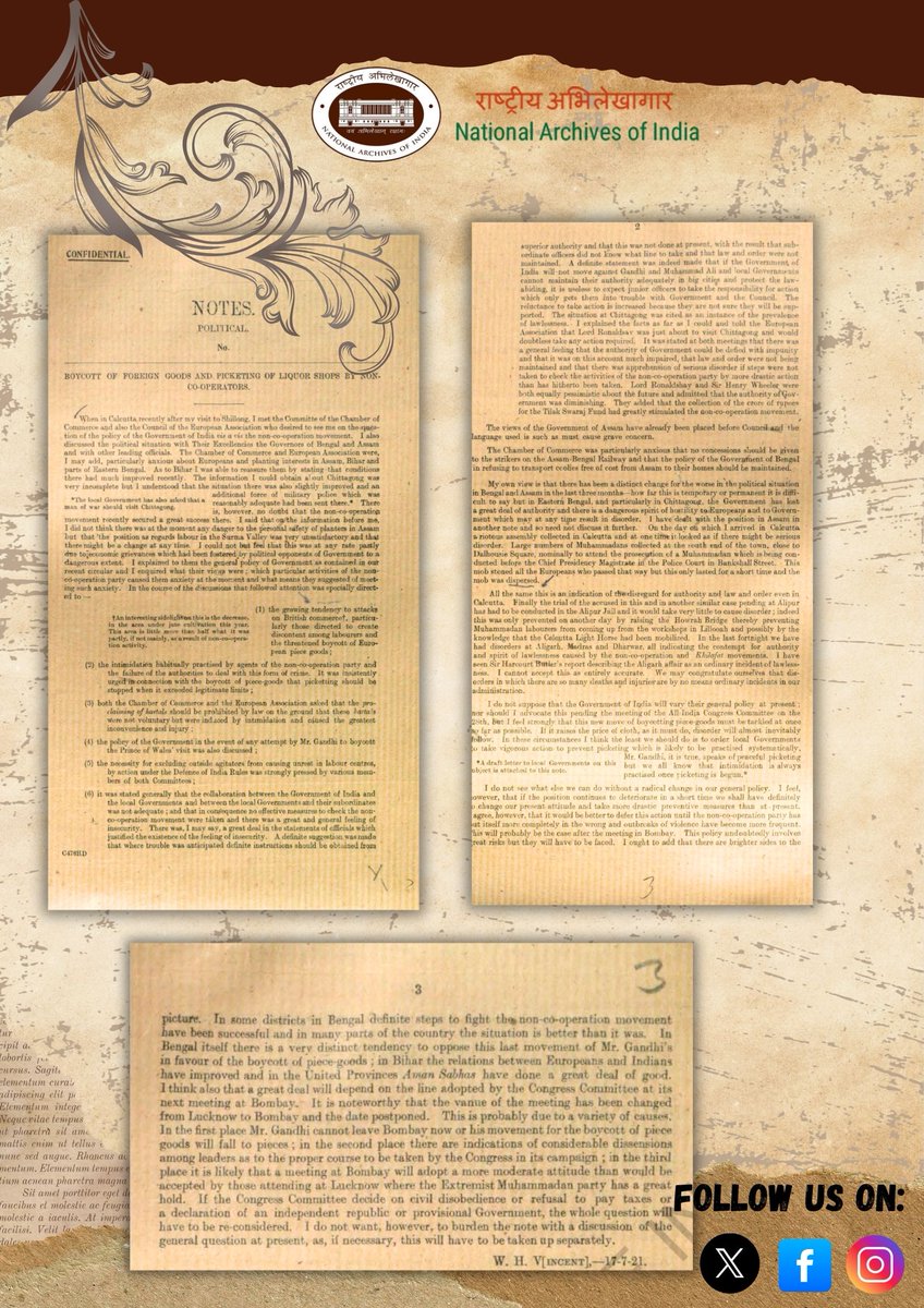 IN_Archives's tweet image. #ThisDayInHistory | 28 July 1921
INC resolved to boycott the Prince of Wales’ visit, aligning with Gandhi’s Non-Cooperation Movement.
A bold stand for Swaraj through non-violence.
#NAI shares a 1921 note by W.H. Vincent revealing British concerns.
-Home, Pol., 1921, F. 105-7