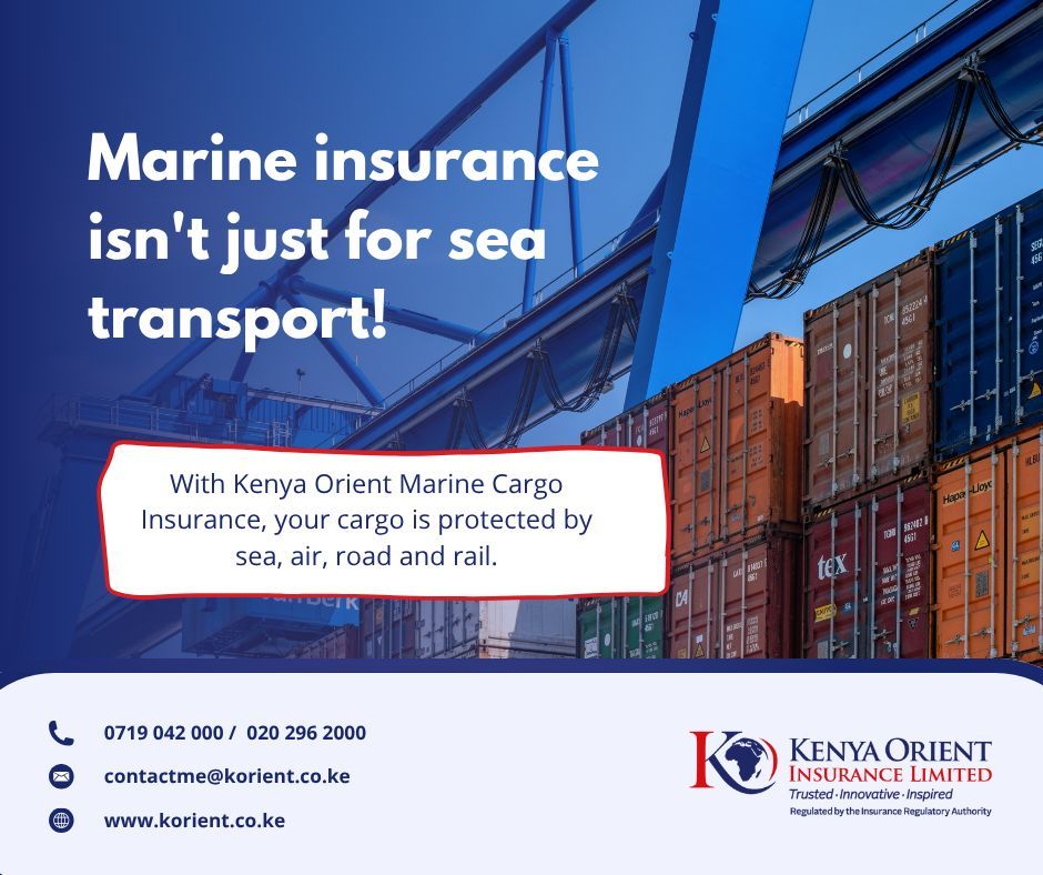 Marine insurance isn’t just for sea transport! With KOIL, your cargo is protected by sea, air, road, and rail. Safeguard your goods every step of the way.
Ready to secure your cargo? 

Contact us today at 0719 042 000 / 020 296 2000 or visit marine.korient.co.ke